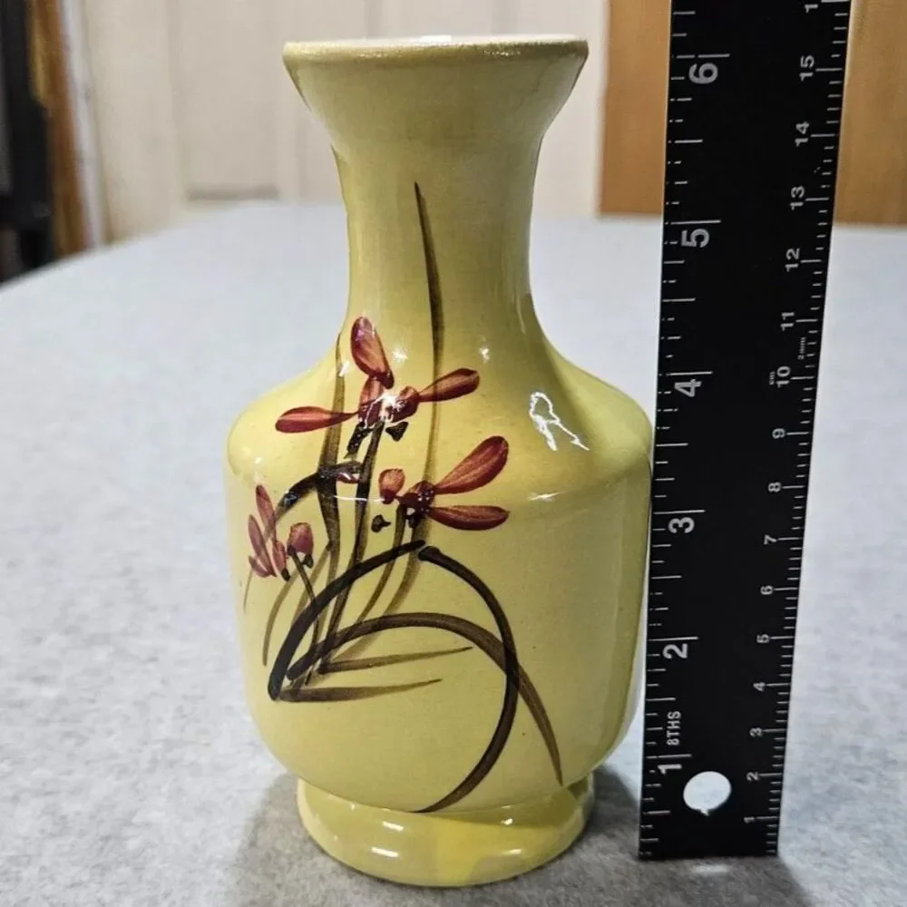Vintage Yellow Ceramic Bud Vase Hand Painted Floral Orchid 6” Asian Style